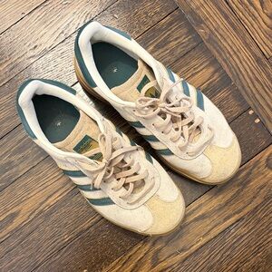 Adidas Gazelle Cream and Teal Sneakers